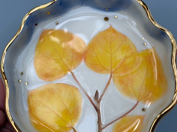 Golden Aspen Ceramic Jewelry Dish, Colorful Fall Leaves with Gold Accent