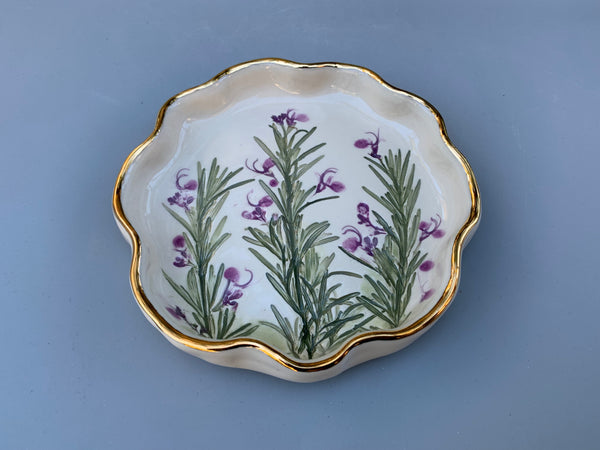 Flowering Rosemary Ceramic Dish with Gold Accents