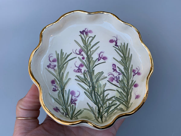 Flowering Rosemary Ceramic Dish with Gold Accents