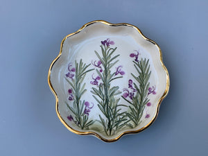 Flowering Rosemary Ceramic Dish with Gold Accents