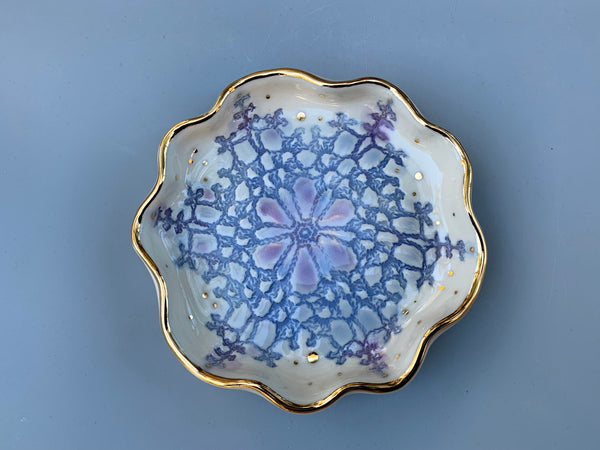 Blue Snowflake Ceramic Jewelry Dish with Gold Accents