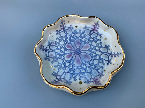 Blue Snowflake Ceramic Jewelry Dish with Gold Accents