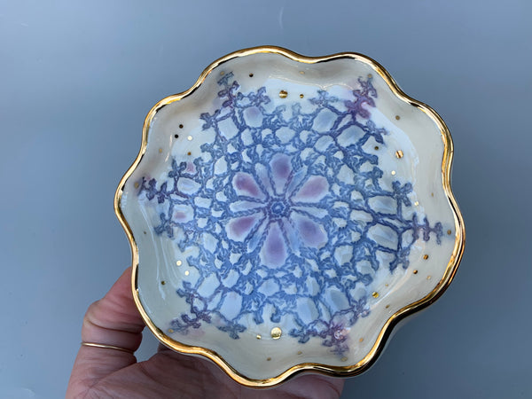 Blue Snowflake Ceramic Jewelry Dish with Gold Accents