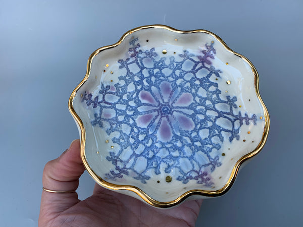 Blue Snowflake Ceramic Jewelry Dish with Gold Accents