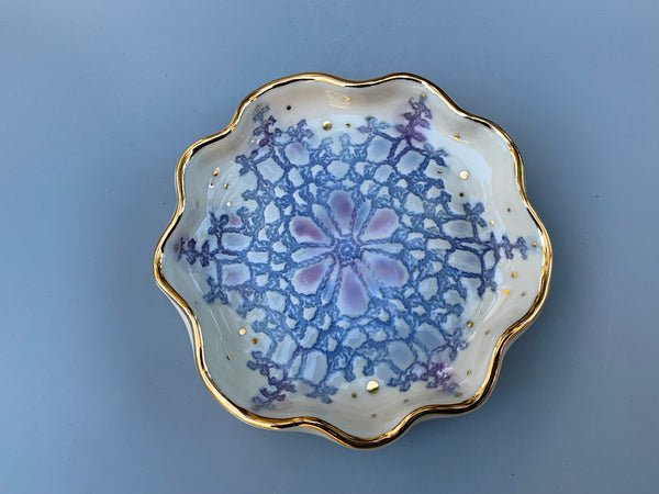 Blue Snowflake Ceramic Jewelry Dish with Gold Accents