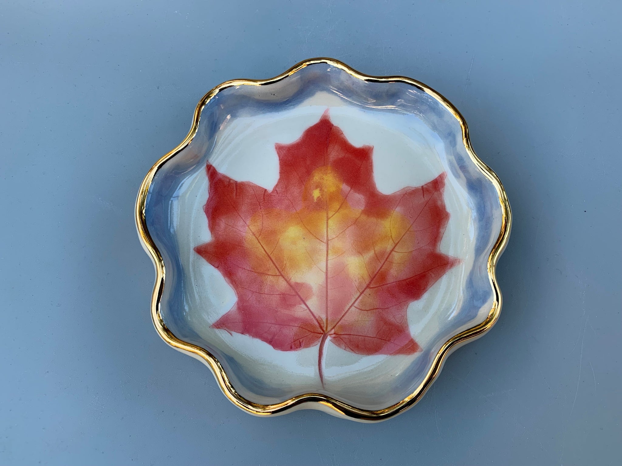 Autumn Maple Leaf Ceramic Jewelry Dish, Colorful Fall Leaf with Gold Accent