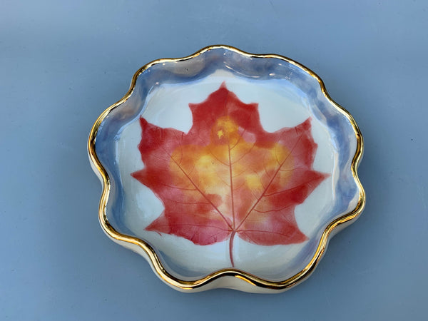 Autumn Maple Leaf Ceramic Jewelry Dish, Colorful Fall Leaf with Gold Accent