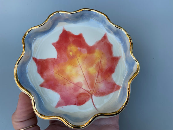 Autumn Maple Leaf Ceramic Jewelry Dish, Colorful Fall Leaf with Gold Accent