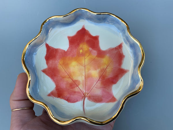 Autumn Maple Leaf Ceramic Jewelry Dish, Colorful Fall Leaf with Gold Accent