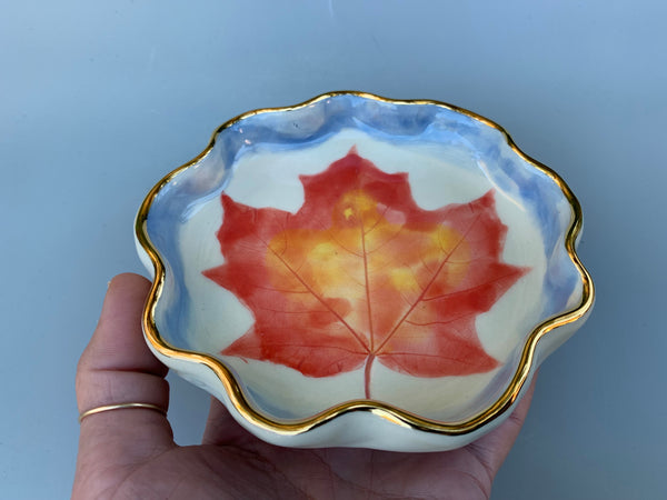 Autumn Maple Leaf Ceramic Jewelry Dish, Colorful Fall Leaf with Gold Accent