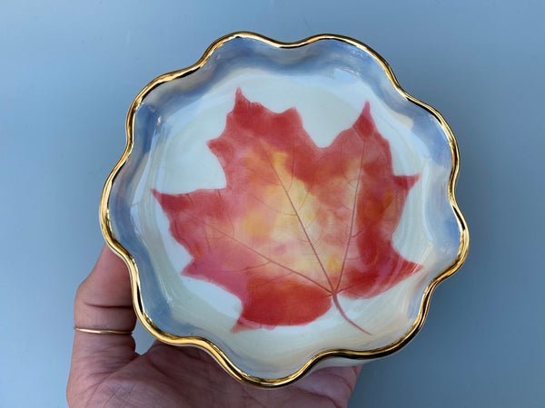 Autumn Maple Leaf Ceramic Jewelry Dish, Colorful Fall Leaf with Gold Accent