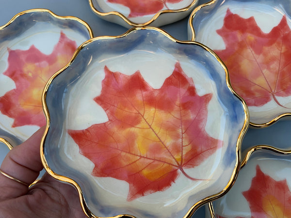 Autumn Maple Leaf Ceramic Jewelry Dish, Colorful Fall Leaf with Gold Accent