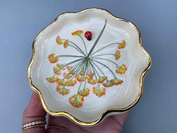 Ladybug Jewelry Dish with Fennel Flowers and Gold Accents