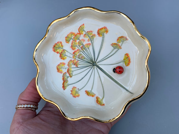 Ladybug Jewelry Dish with Fennel Flowers and Gold Accents