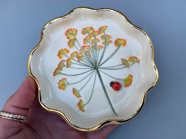 Ladybug Jewelry Dish with Fennel Flowers and Gold Accents