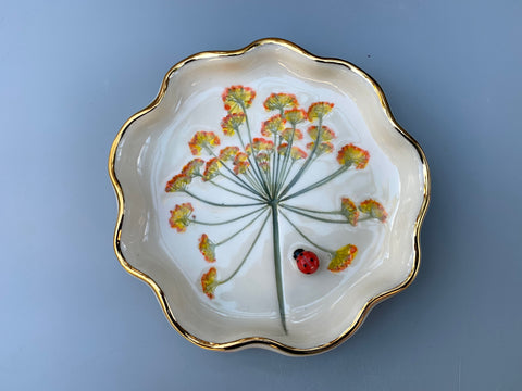 Ladybug Jewelry Dish with Fennel Flowers and Gold Accents