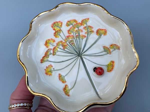 Ladybug Jewelry Dish with Fennel Flowers and Gold Accents