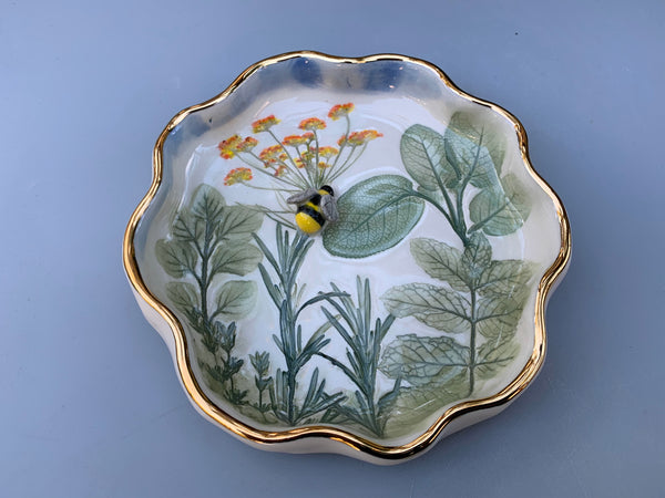 Bumble Bee and Herb Garden Jewelry Holder, Ceramic Dish with Gold Accents