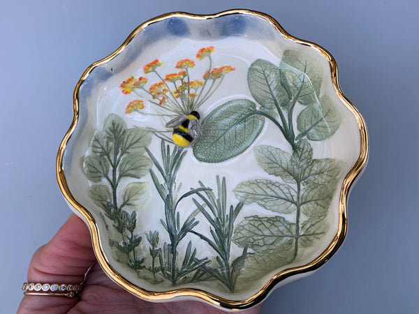 Bumble Bee and Herb Garden Jewelry Holder, Ceramic Dish with Gold Accents