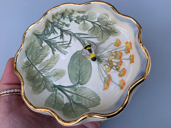 Bumble Bee and Herb Garden Jewelry Holder, Ceramic Dish with Gold Accents