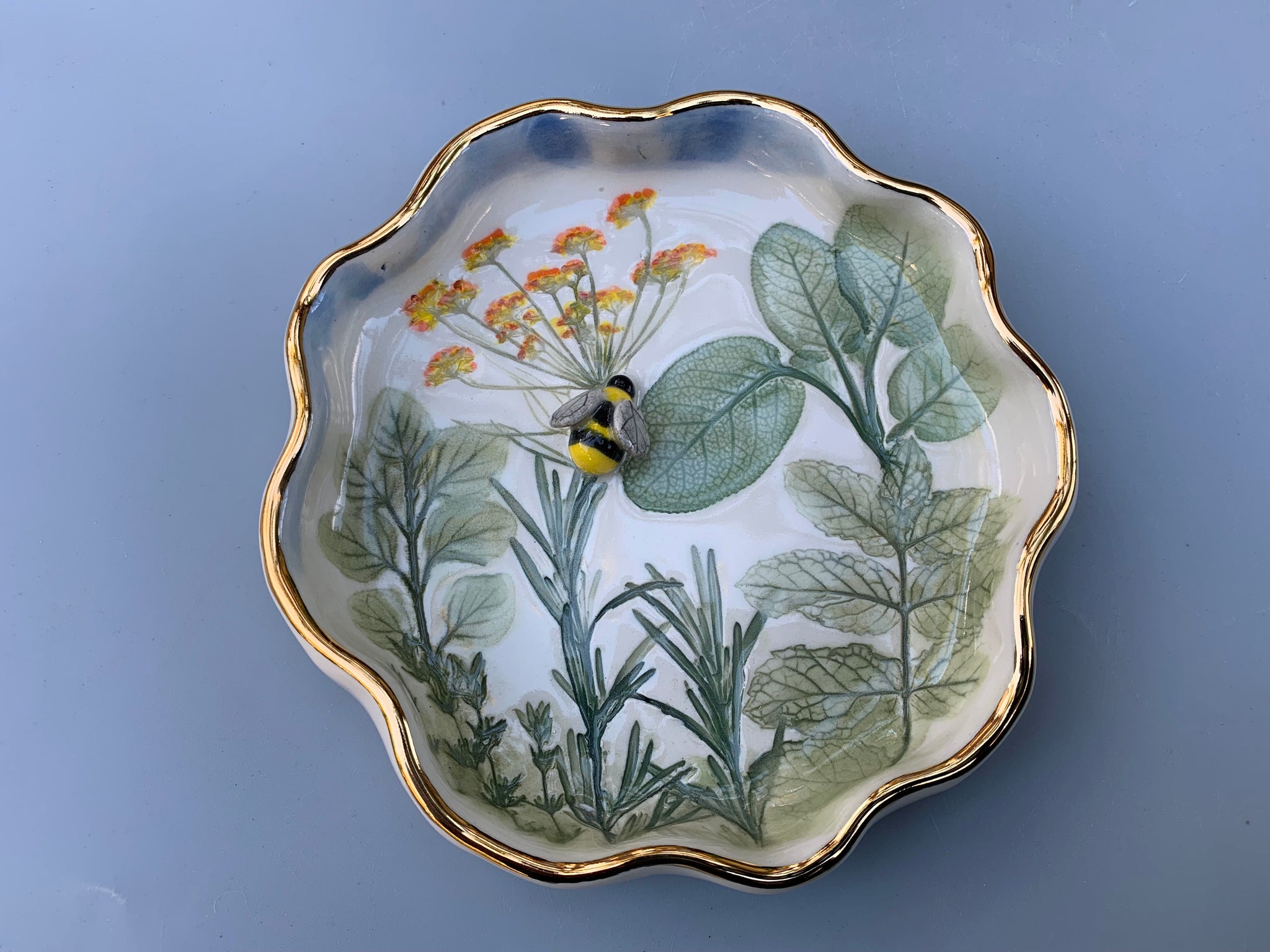 Bumble Bee and Herb Garden Jewelry Holder, Ceramic Dish with Gold Accents