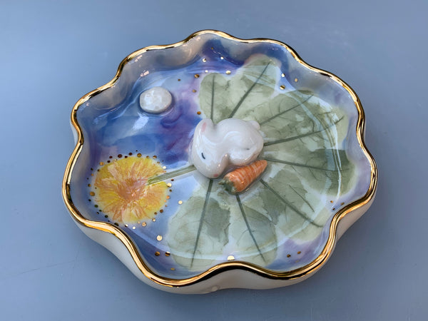 Sleeping Bunny on Dandelion Patch Jewelry Dish, Ceramic with Real Gold