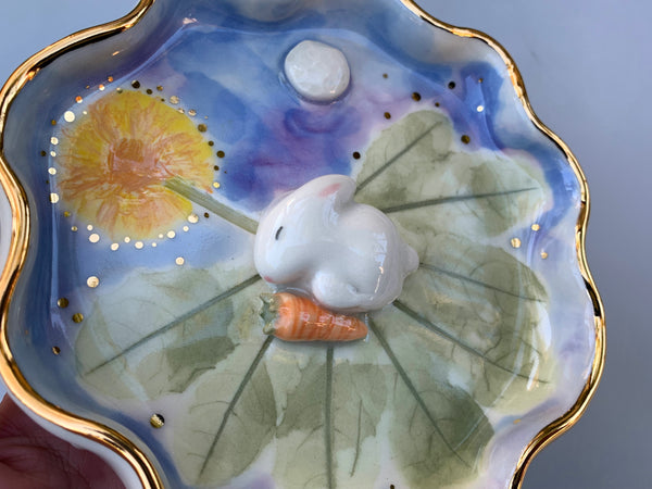 Sleeping Bunny on Dandelion Patch Jewelry Dish, Ceramic with Real Gold