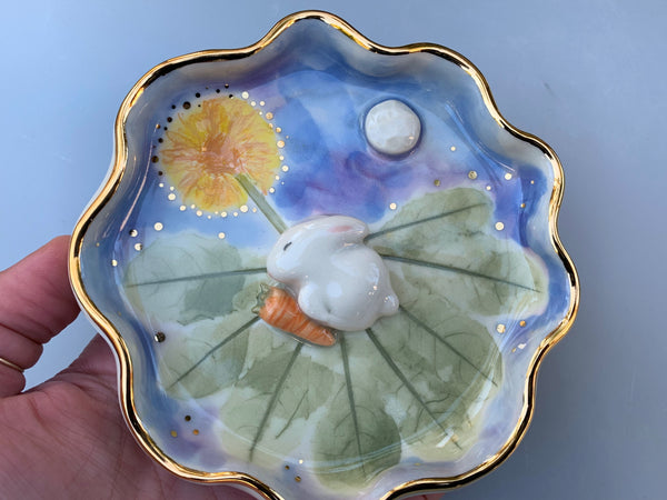 Sleeping Bunny on Dandelion Patch Jewelry Dish, Ceramic with Real Gold