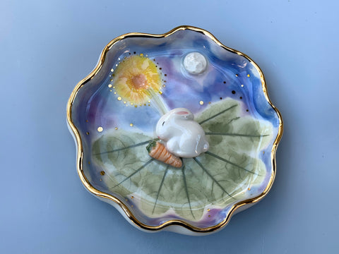 Sleeping Bunny on Dandelion Patch Jewelry Dish, Ceramic with Real Gold