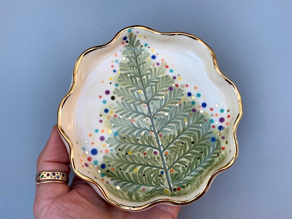 Christmas Tree Jewelry Dish with Gold, Sparkling Holiday Evergreen Ceramic Dish