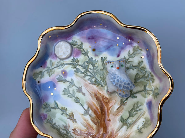 Owl in Nighttime Forest Jewelry Holder, Ceramic Dish