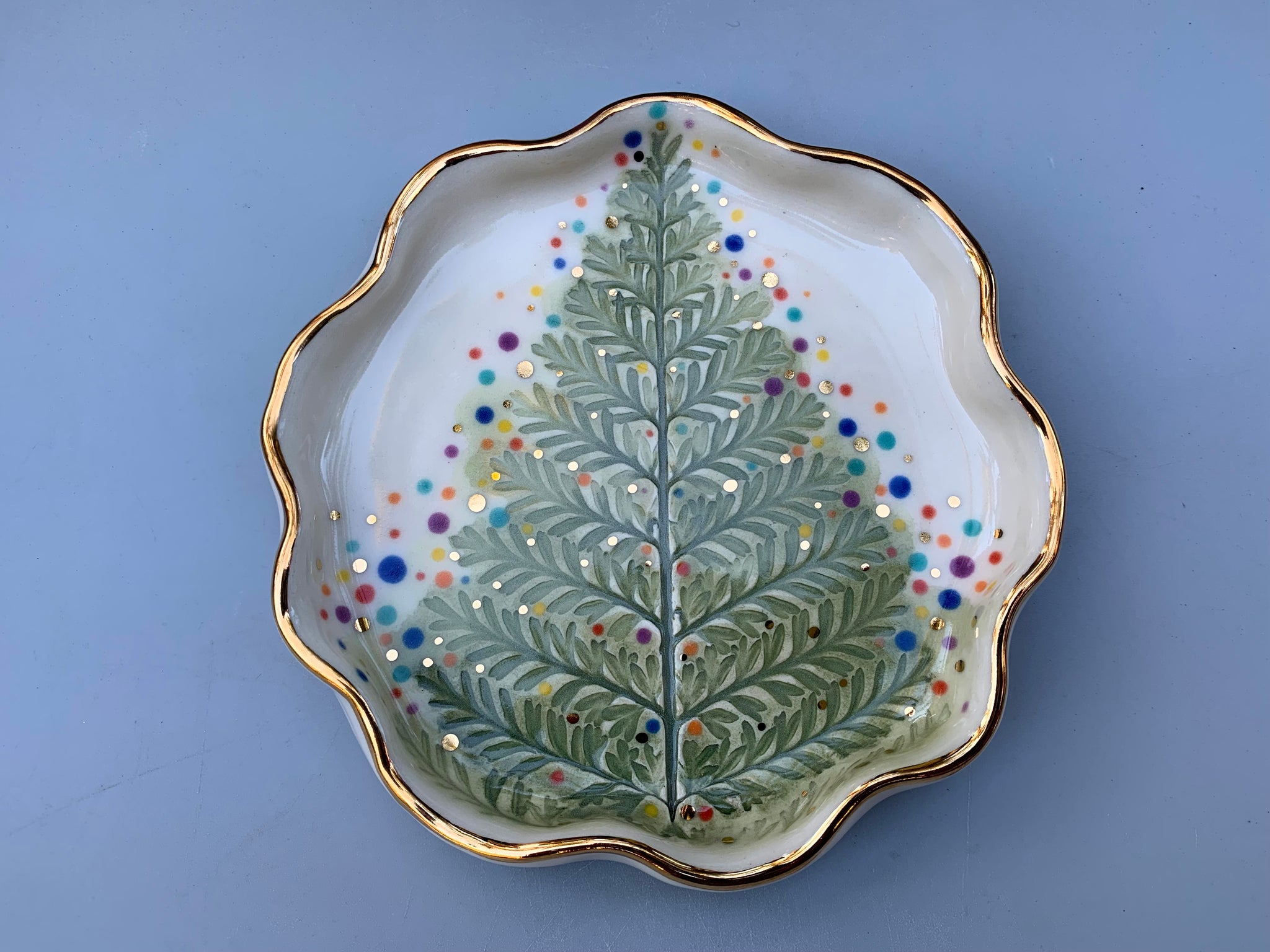 Christmas Tree Jewelry Dish with Gold, Sparkling Holiday Evergreen Ceramic Dish