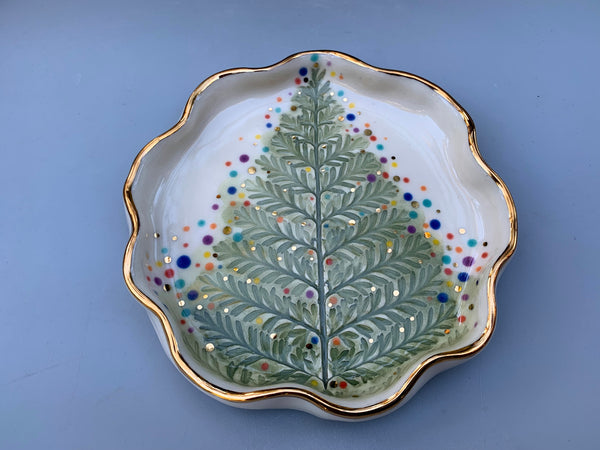 Christmas Tree Jewelry Dish with Gold, Sparkling Holiday Evergreen Ceramic Dish