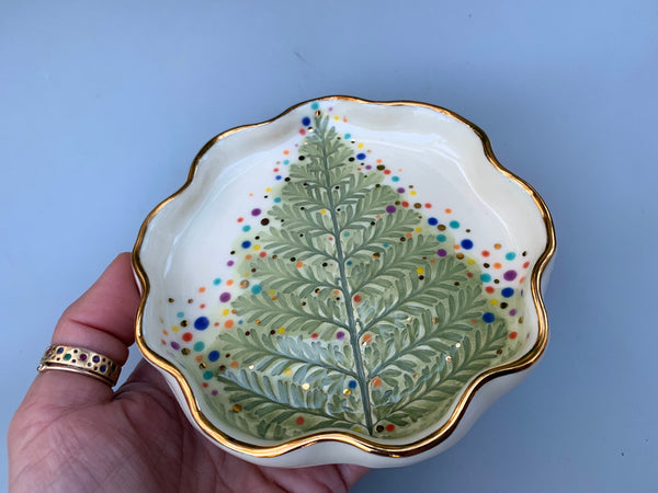 Christmas Tree Jewelry Dish with Gold, Sparkling Holiday Evergreen Ceramic Dish