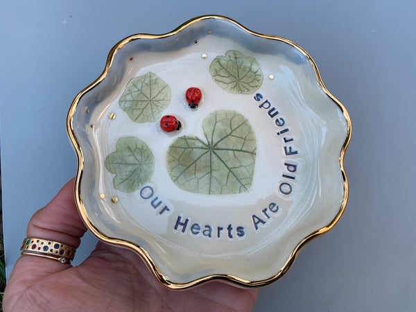 Our Hearts Are Old Friends, Ladybug Ceramic Dish with Heart Shaped Leaf