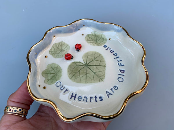 Our Hearts Are Old Friends, Ladybug Ceramic Dish with Heart Shaped Leaf