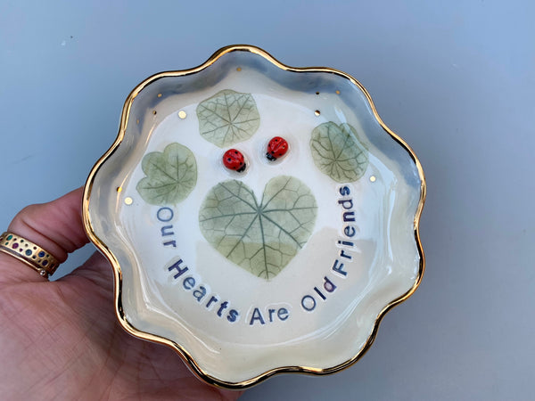 Our Hearts Are Old Friends, Ladybug Ceramic Dish with Heart Shaped Leaf