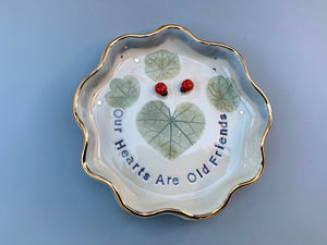 Our Hearts Are Old Friends, Ladybug Ceramic Dish with Heart Shaped Leaf