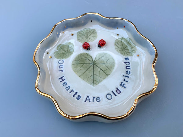 Our Hearts Are Old Friends, Ladybug Ceramic Dish with Heart Shaped Leaf