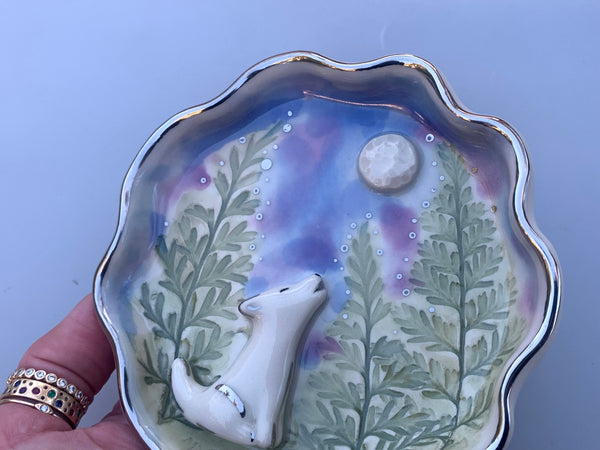 White Wolf Howling at the Moon Jewelry Holder, Ceramic Dish with WHITE Gold Accents