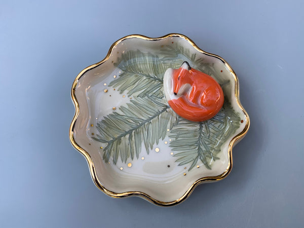 Sleeping Fox Jewelry Holder, Ceramic Evergreen Leaf Trinket Dish with Gold Accent