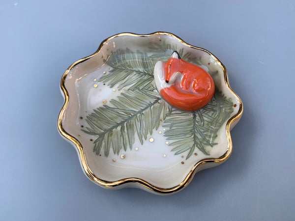 Sleeping Fox Jewelry Holder, Ceramic Evergreen Leaf Trinket Dish with Gold Accent