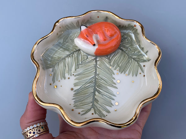 Sleeping Fox Jewelry Holder, Ceramic Evergreen Leaf Trinket Dish with Gold Accent