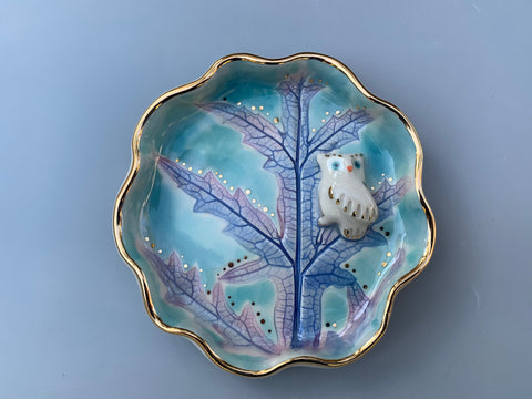 White Owl in Winter's Magic Jewelry Holder, Ceramic Dish