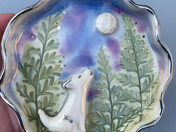 White Wolf Howling at the Moon Jewelry Holder, Ceramic Dish with WHITE Gold Accents