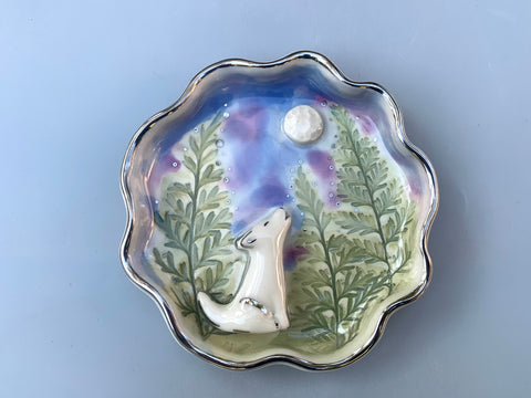 White Wolf Howling at the Moon Jewelry Holder, Ceramic Dish with WHITE Gold Accents