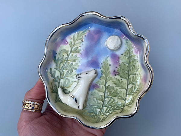 White Wolf Howling at the Moon Jewelry Holder, Ceramic Dish with WHITE Gold Accents