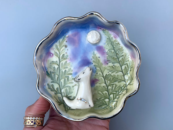 White Wolf Howling at the Moon Jewelry Holder, Ceramic Dish with WHITE Gold Accents