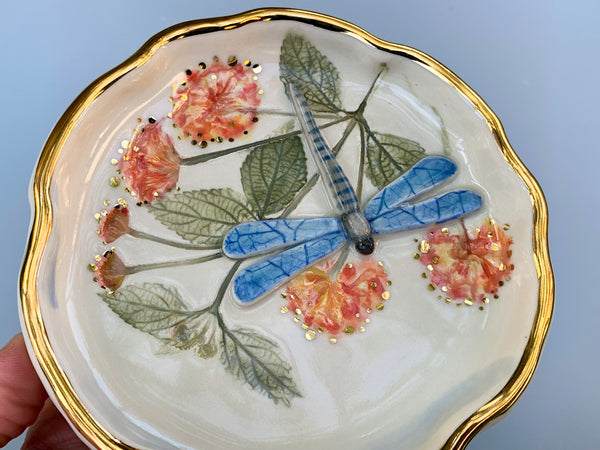 Dragonfly Jewelry Dish with Lantana Flowers and Gold Accents