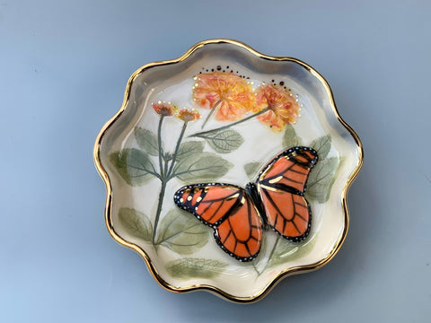 Monarch Butterfly Jewelry Dish with Lantana Flower and Gold Accent